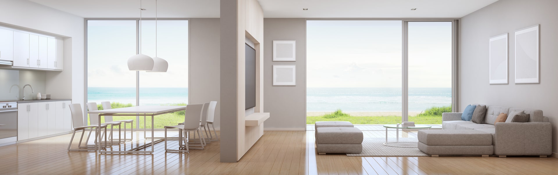 sea view kitchen dining living room luxury beach house modern design min